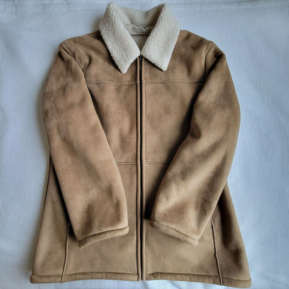 SHAVER LAKE Faux Suede Sherpa Lined Jacket Size M Front Zip Tan Exposed Seams
